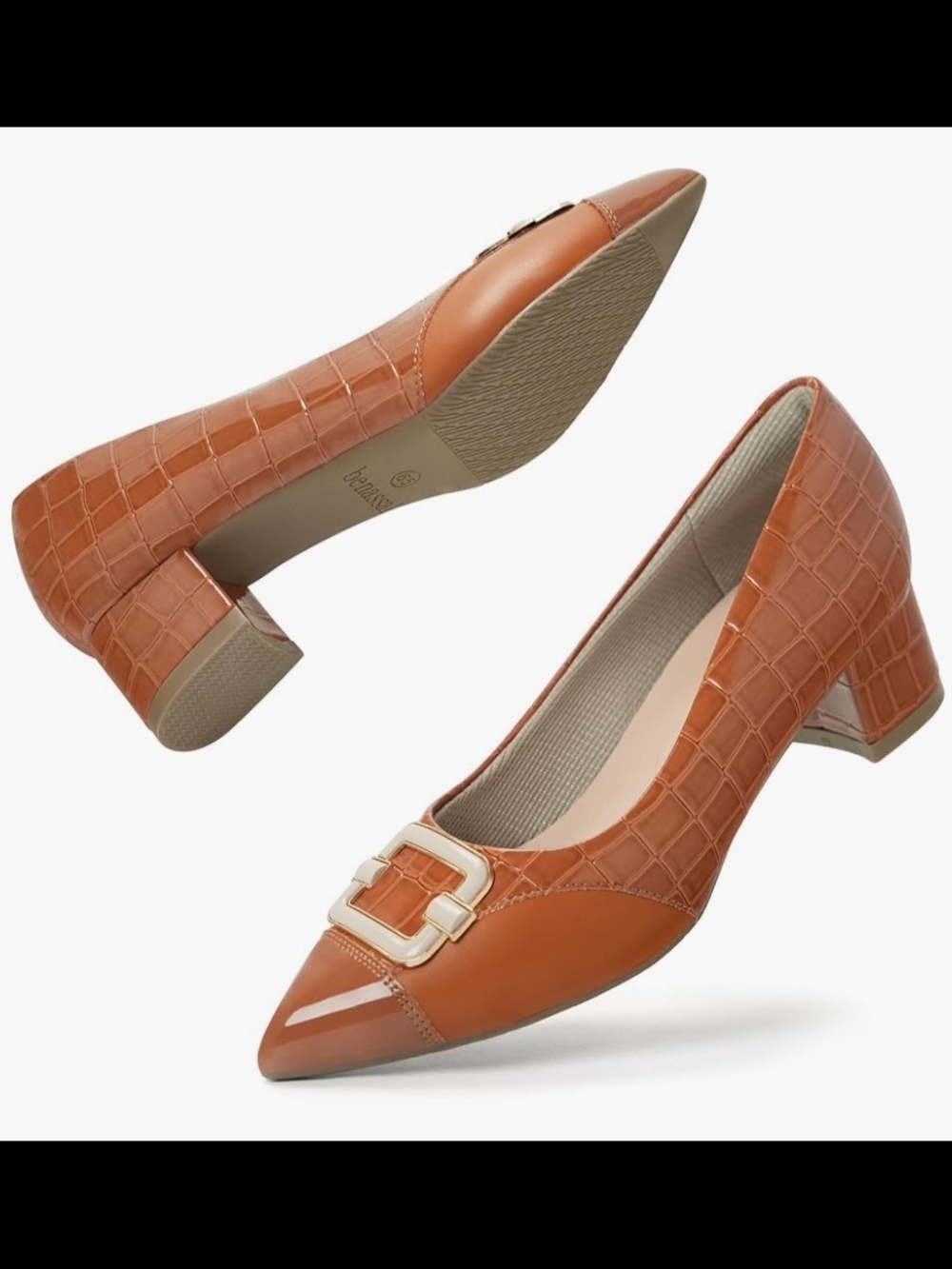 Women's Tan Croc-Embossed Block Heel Pumps with  Buckle Size 5